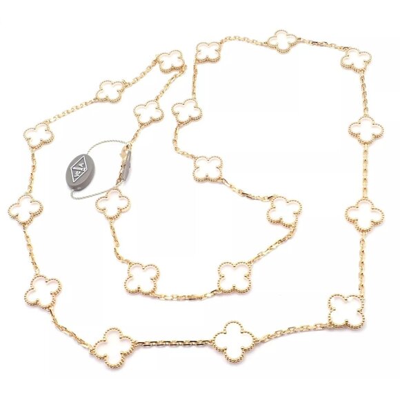 Van Cleef & Arpels 18k Yellow Gold 20 Motif Alhambra Rock Crystal Necklace Cert - Picture 5 of 13